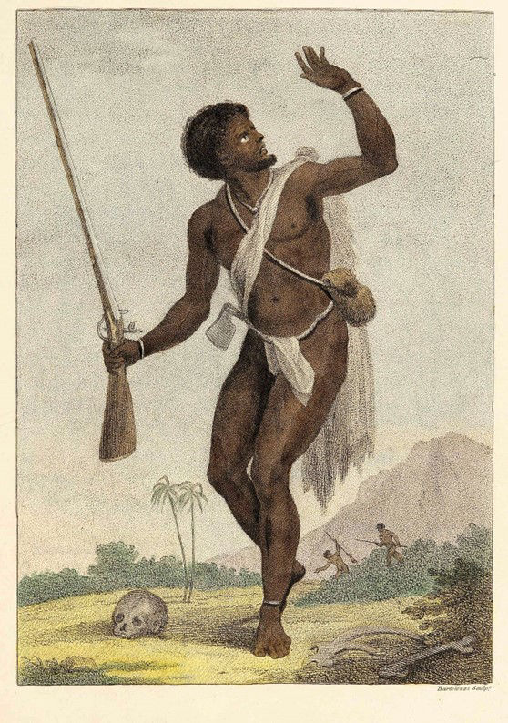 A Rebel Negro armed and on his guard : cimarrón de Surinam. Grabado por Francesco Bartolozzi, basado en un dibujo de John Gabriel Stedman para ilustrar su relato Narrative of a five years' expedition, against the revolted negroes of Surinam, in Guiana, on the wild coast of South America ; from the year 1772, to 1777, publicado en 1796.